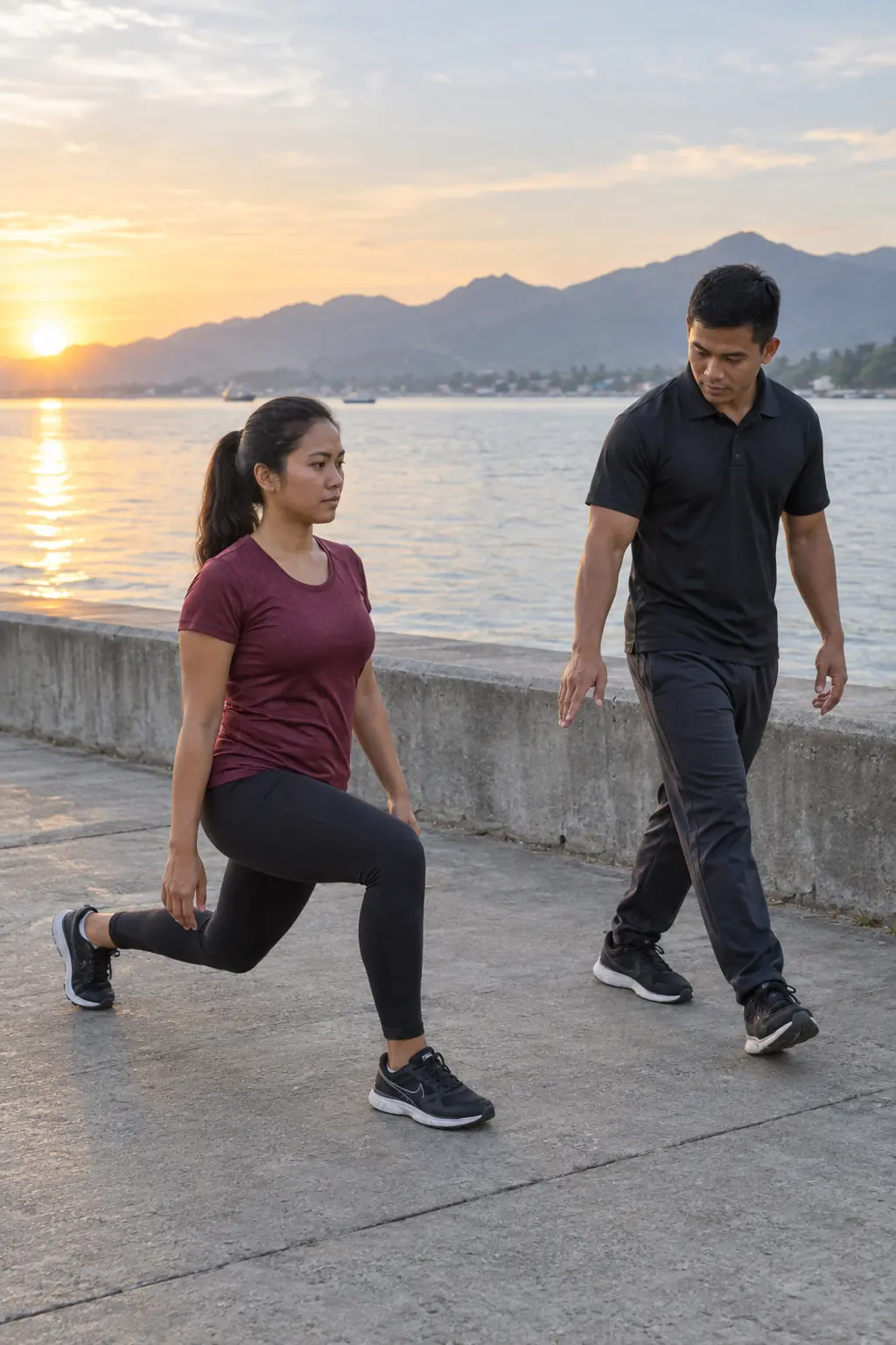 A Filipina woman doing walking lunges along a seawall at sunset with mountains across the water, a Filipino coach walking beside her