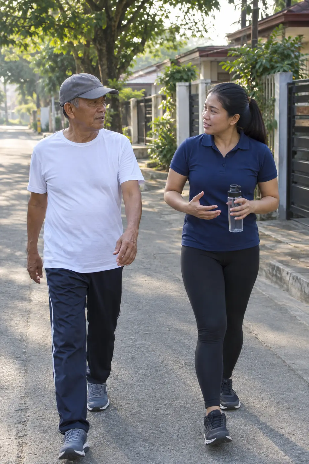 An older Filipino man in a cap walking along a subdivision street beside a Filipina coach holding a water bottle