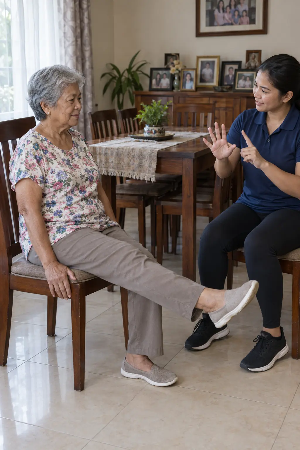 An older Filipina woman sitting on a dining chair and straightening one leg, a Filipina coach sitting across from her