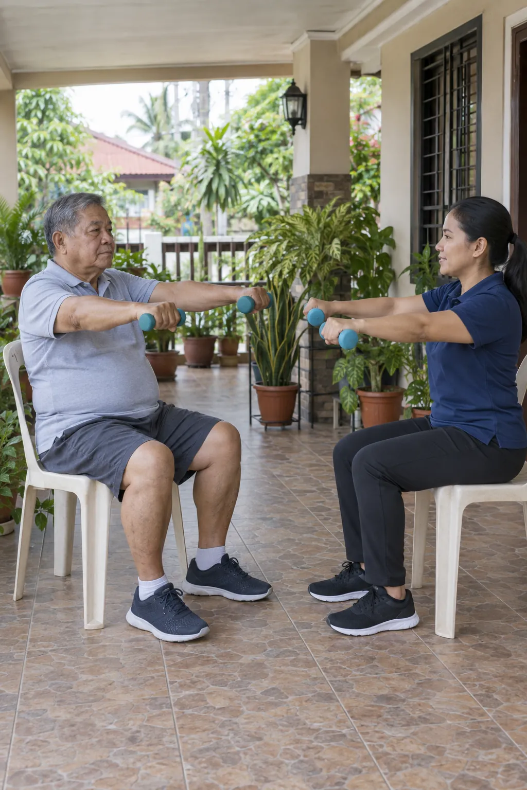 An older Filipino man and a Filipina coach facing each other on plastic chairs on a terrace, both raising light dumbbells