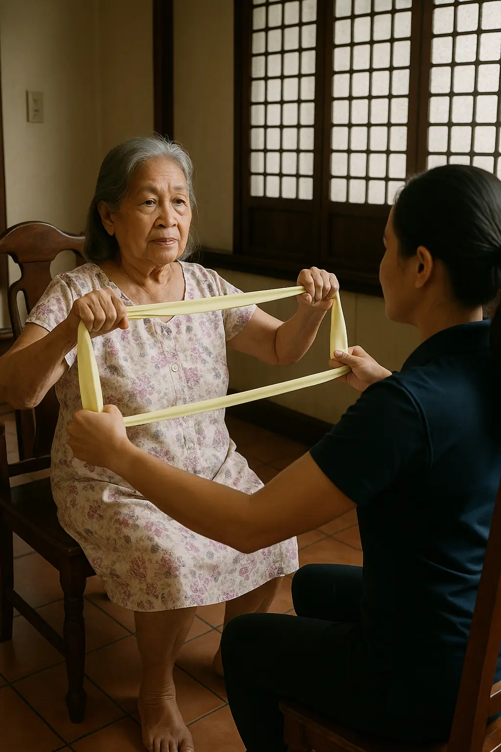 An elderly Filipina woman in a house dress sitting in a chair and pulling a light band apart at chest height, a coach facing her