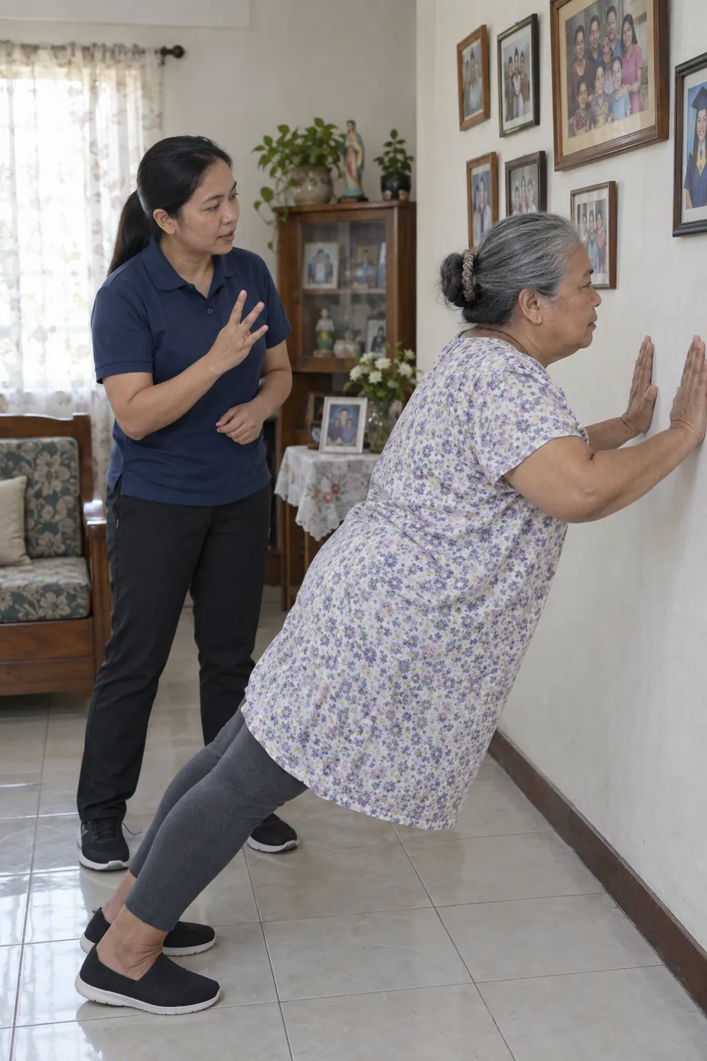 An older Filipina woman doing a push-up against a living room wall hung with family photos while a coach counts