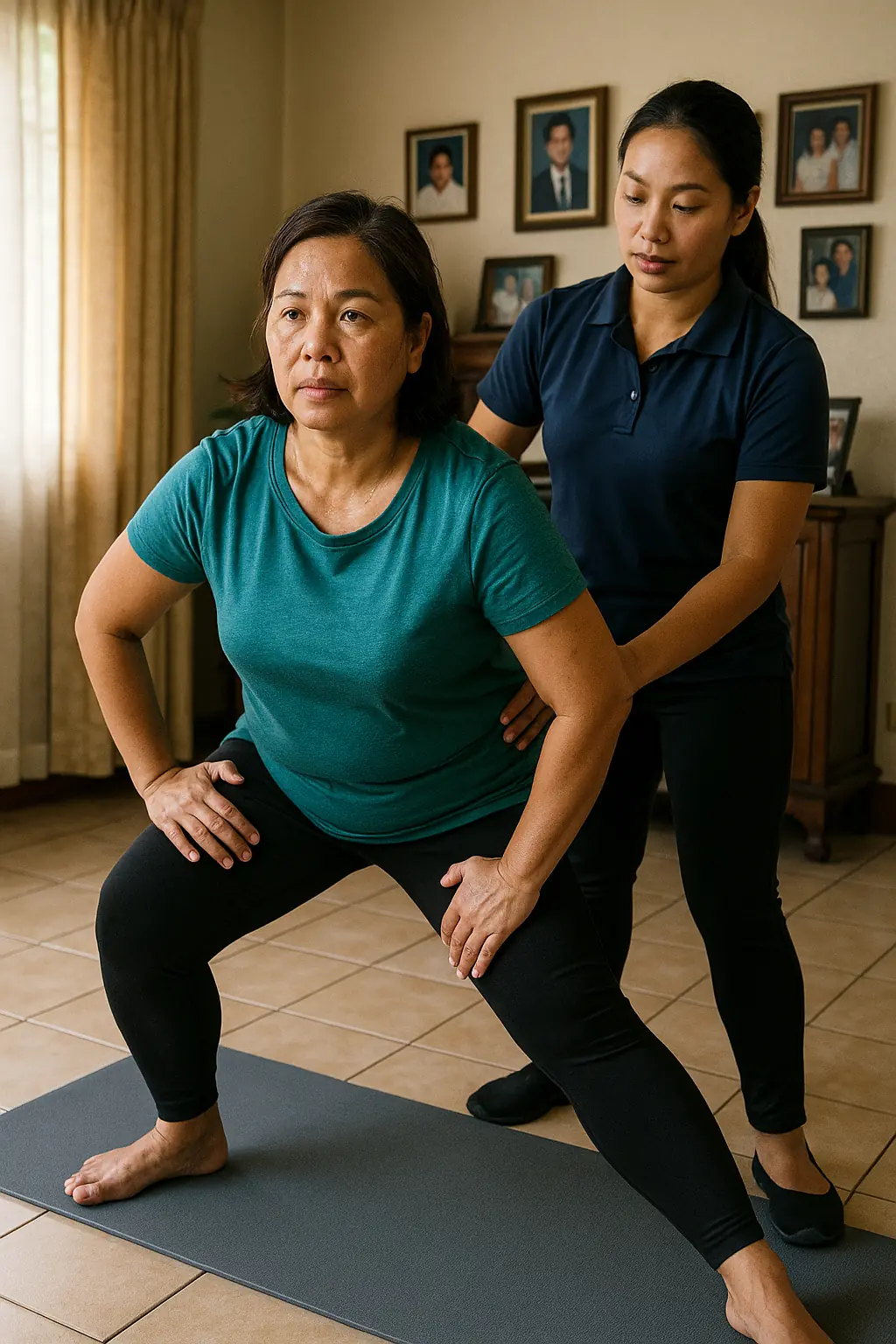 A Filipina woman in a side lunge on a mat in a living room with family photos on the wall, a Filipina coach guiding her hips
