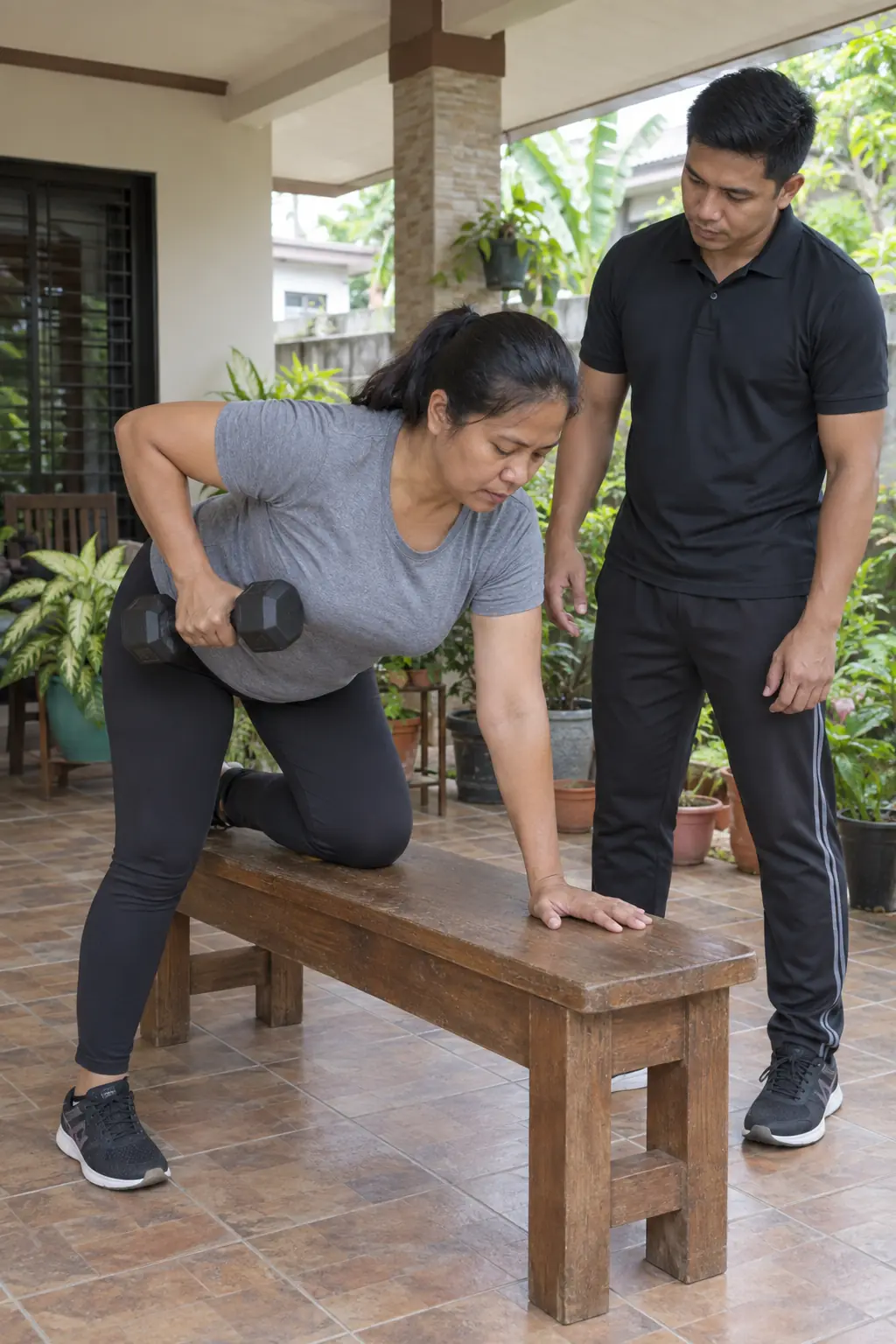 A Filipina woman doing a single-arm dumbbell row with one knee on a wooden bench on a covered terrace, a Filipino coach watching