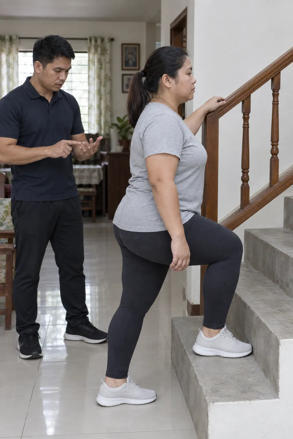 A Filipina woman stepping up onto the first stair of her home with one hand on the railing while a coach counts the reps
