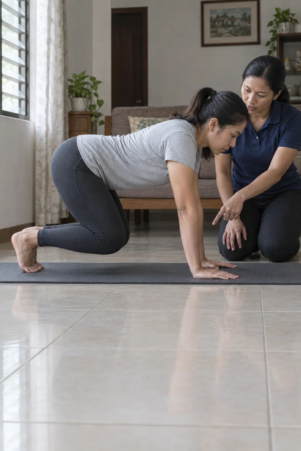 A Filipina woman on her hands and knees in a tabletop hold on a mat, a coach pointing at her position