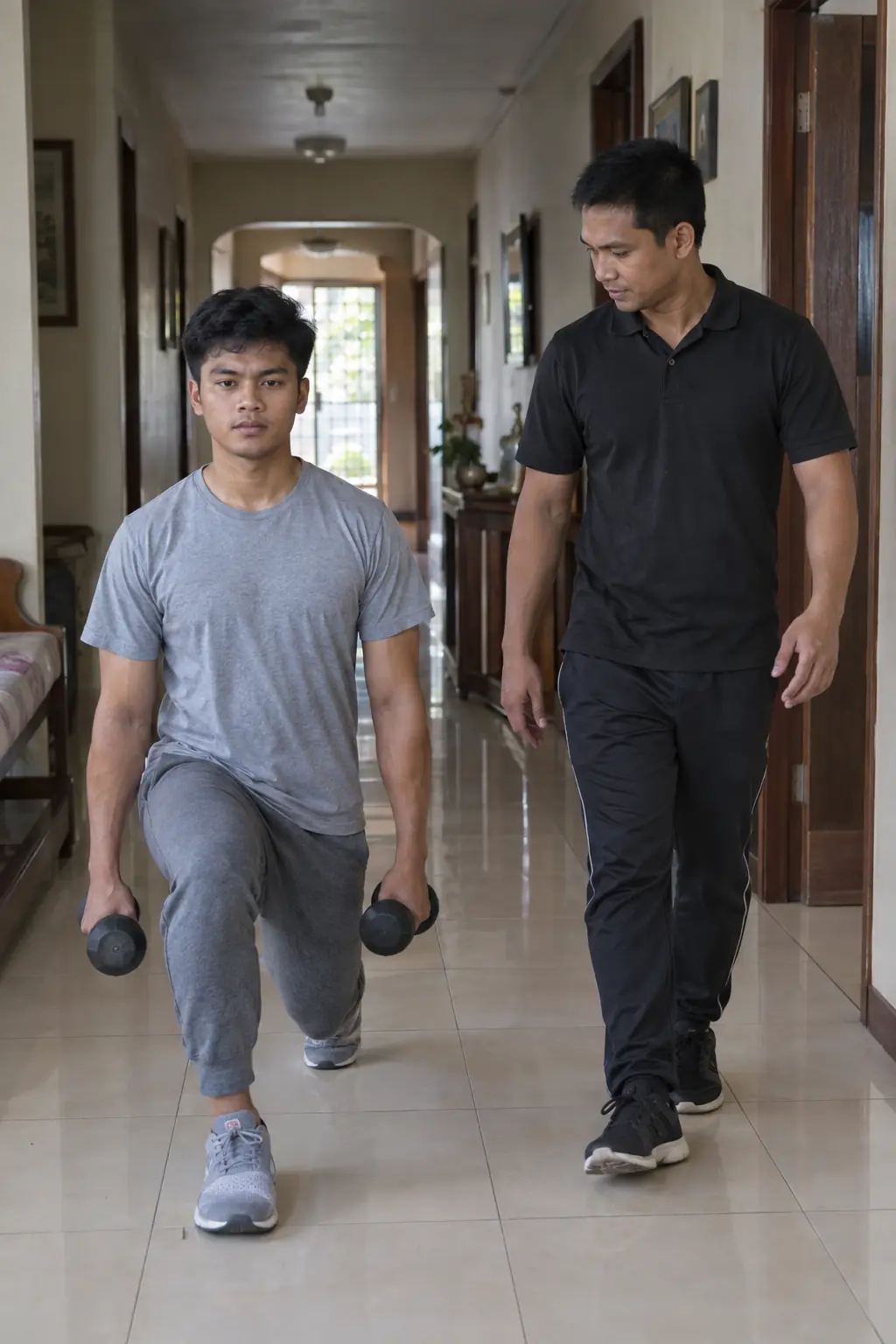 A young Filipino man doing a walking lunge with a dumbbell in each hand down a tiled hallway, a Filipino coach walking beside him