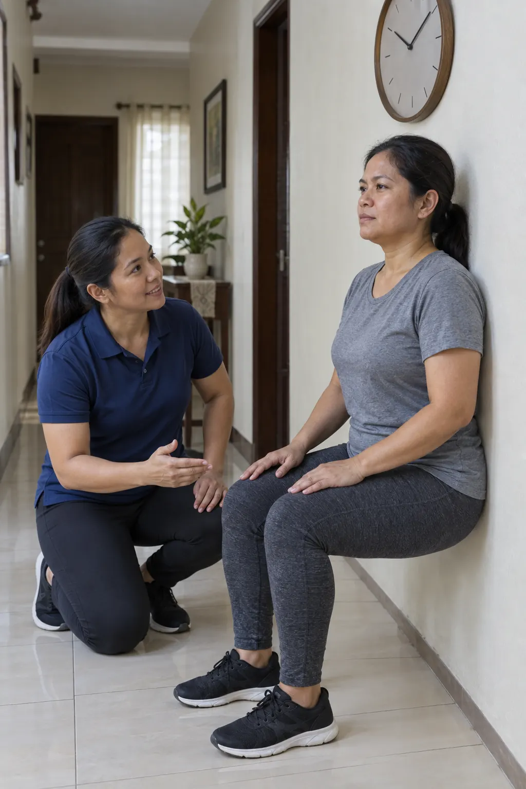 A Filipina woman holding a wall sit in a hallway while a coach kneels beside her