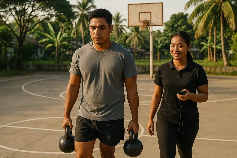 A Filipino man carries a kettlebell in each hand across an outdoor barangay basketball court while a Filipina coach walks beside him holding a stopwatch