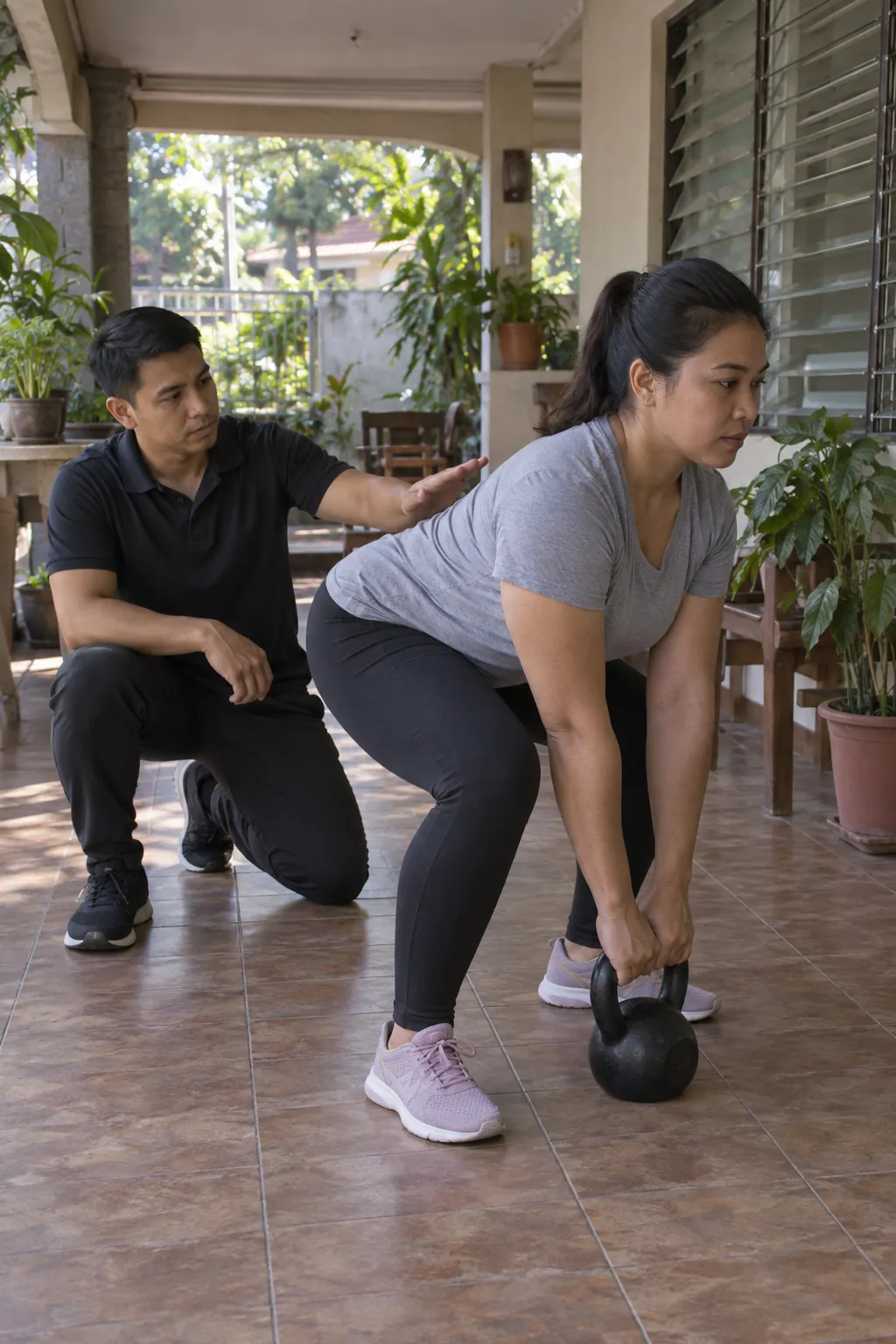 A coach kneels beside a woman setting up a kettlebell deadlift with a flat back on a tiled terrace