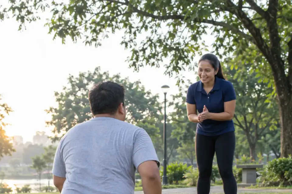A heavier Filipino man at the foot of the park steps looks up at a Filipina coach who is clapping him on
