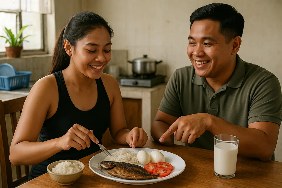 A Filipina in training clothes eats boiled eggs, grilled fish, rice and tomatoes while a Filipino coach across the table points at her plate