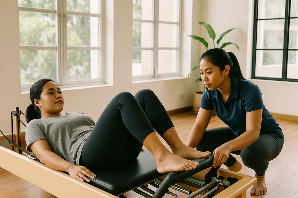 A Filipina lying on a Pilates reformer carriage in a bright studio with her knees bent and her feet against the foot bar, while a Filipina instructor crouches at the end of the machine with one hand on the spring bar